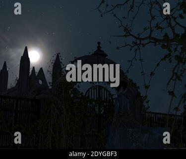 Il fantasma di una sposa che cammina fino alla porta di una chiesa - rendering 3d Foto Stock