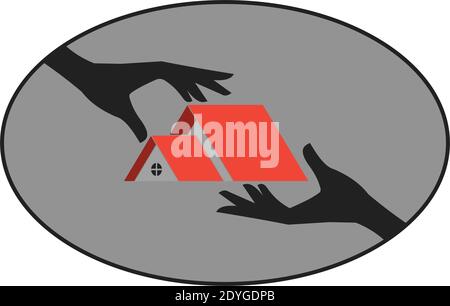 Vendita immobiliare concetto. Le mani tengono la casa. Stile piatto. Illustrazione Vettoriale