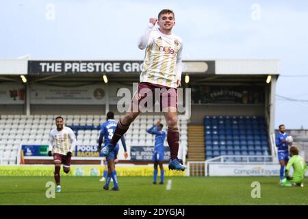 Hartlepool, Regno Unito. 26 Dicembre 2020. Billy Chadwick (36 FC Halifax Town) celebra il suo obiettivo durante il gioco della Lega Nazionale tra Hartlepool United e FC Halifax Town a Victoria Park in Hartlepool Credit: SPP Sport Press Photo. /Alamy Live News Foto Stock