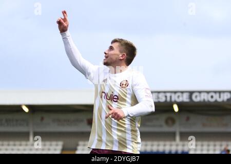 Hartlepool, Regno Unito. 26 Dicembre 2020. Billy Chadwick (36 FC Halifax Town) celebra il suo obiettivo durante il gioco della Lega Nazionale tra Hartlepool United e FC Halifax Town a Victoria Park in Hartlepool Credit: SPP Sport Press Photo. /Alamy Live News Foto Stock