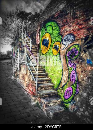 L'arte dei graffiti del polpo vicino ad una scala della strada della città Foto Stock
