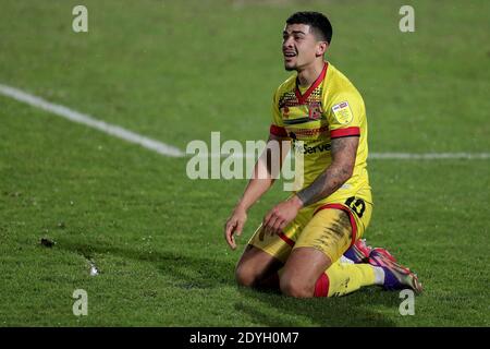 RITRASMETTERE LA DIDASCALIA CORRETTA SOTTO Josh Gordon di Walsall durante la partita della Sky Bet League Two a Moor Lane, Salford. Foto Stock