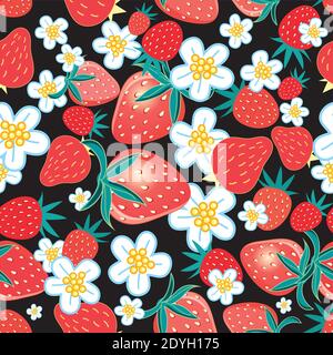 Motivo multicolore senza cuciture di fragole e fiori su sfondo scuro. Esempio di un modello di fragola per l'imballaggio e la pubblicità Illustrazione Vettoriale