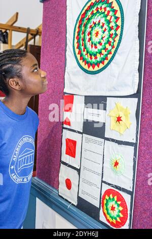 Alabama Montgomery state Department of Archives & History, Pine Burr state Quilt spiegazione mostra informazioni, ragazzo nero che guarda lettura clas studente Foto Stock