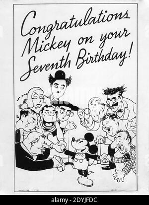 MICKEY MOUSE si è congratulato per il suo 7° compleanno nel 1935 da (in senso orario dal basso) WALLACE BEERY BUSTER KEATON JOE E. BROWN GRETA GARBO CHARLIE CHAPLIN EDDIE CANTOR GEORGE ARLISS GROUCHO MARX OLIVER HARDY e JIMMY DURANTE Pubblicità per PRODUZIONI WALT DISNEY / ARTISTI UNITI Foto Stock