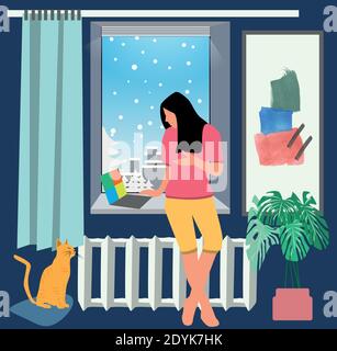 Soggiorno e lavoro a casa accogliente stile di vita degli spazi di lavoro interni invernali illustrazione vettoriale modificabile Illustrazione Vettoriale