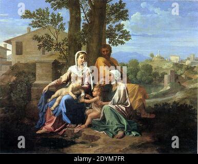 La Sainte Famille avec saint Jean et sainte Élisabeth dans un paysage - Nicolas Poussin - Louvre. Foto Stock