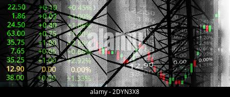 grafico delle azioni di mercato e informazioni sui numeri di indice con elettricità nera e l'industria di bandiera di impianti di energia e background di affari Foto Stock