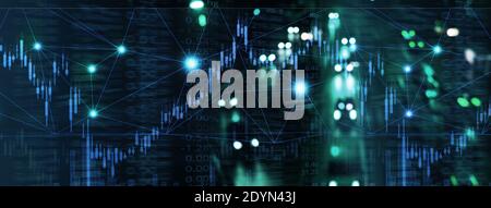 blu candela bastone grafico linea di mercato commerciale stock e. indice numero su sfondo tecnologia aziendale banner luce città bagliore Foto Stock