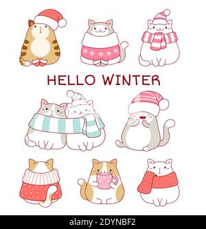 Ciao inverno. Collezione di Natale di carini gatti grassi in sciarpe e cappelli. Set di graziosi gatti in stile kawaii. Illustrazione vettoriale EPS8 Illustrazione Vettoriale