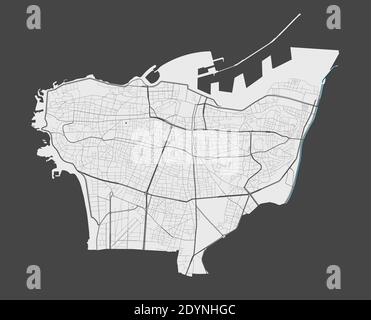 Mappa di Beirut. Mappa vettoriale dettagliata dell'area amministrativa della città di Beirut. Poster con strade e acqua su sfondo grigio. Illustrazione Vettoriale
