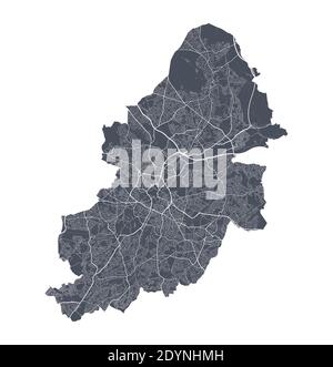 Mappa di Birmingham. Mappa vettoriale dettagliata dell'area amministrativa della città di Birmingham. Poster del paesaggio urbano vista aria metropolitana. Terra scura con strade bianche, roa Illustrazione Vettoriale