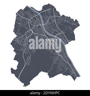 Mappa di Bonn. Mappa vettoriale dettagliata dell'area amministrativa della città di Bonn. Poster del paesaggio urbano vista aria metropolitana. Terra buia con strade bianche, strade e viali Illustrazione Vettoriale