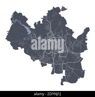 Mappa di Brno. Mappa vettoriale dettagliata dell'area amministrativa della città di Brno. Poster del paesaggio urbano vista aria metropolitana. Terra buia con strade bianche, strade e viali Illustrazione Vettoriale