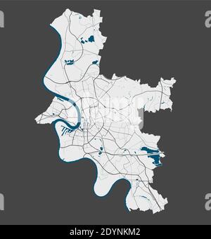 Mappa di Dusseldorf. Mappa vettoriale dettagliata dell'area amministrativa della città di Dusseldorf. Poster con strade e acqua su sfondo grigio. Illustrazione Vettoriale