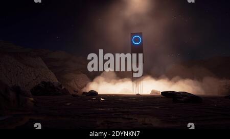 Oggetto fantascientifico su un altro pianeta in stile fantastico sopra dust rock rendering 3d orizzontale Foto Stock