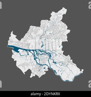 Mappa di Amburgo. Mappa vettoriale dettagliata dell'area amministrativa della città di Amburgo. Poster con strade e acqua su sfondo grigio. Illustrazione Vettoriale