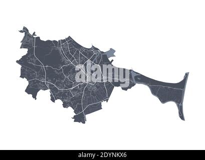 Mappa di Danzica. Mappa vettoriale dettagliata dell'area amministrativa della città di Danzica. Poster del paesaggio urbano vista aria metropolitana. Terra buia con strade bianche, strade e un Illustrazione Vettoriale