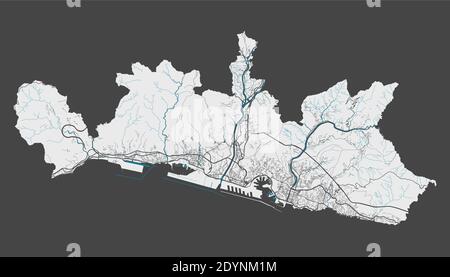 Mappa di Genova. Mappa dettagliata dell'area amministrativa della città di Genova. Panorama cittadino. Illustrazione vettoriale priva di royalty. Mappa con autostrade, strade, r Illustrazione Vettoriale