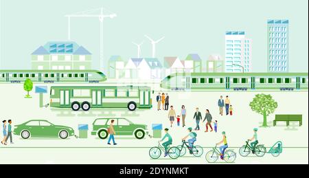 Città ecologica con veicoli elettrici e treni espressi Illustrazione Vettoriale
