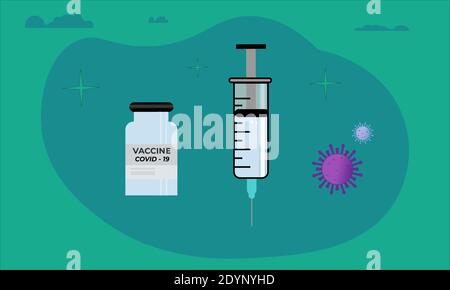 COVID -19 concetto di vaccino background.Vaccination web banner template , poster con virus, siringa e flacone di vaccino , illustrazione vettoriale . Illustrazione Vettoriale