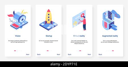 Illustrazione vettoriale della tecnologia di avvio aziendale isometrica. UX, UI onboarding mobile app page set di schermo con cartoon 3d business sviluppo utilizzando nuova idea progetto visione, moderno sviluppo lavoro di squadra Illustrazione Vettoriale