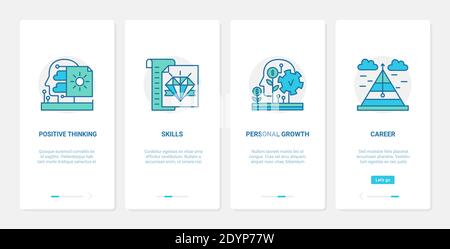 Pensiero positivo, illustrazione del vettore personale di crescita della carriera. UX, UI onboarding mobile app page set con line processing leader cervello umano, diamante esperto skill simbolo, sviluppo di leadership Illustrazione Vettoriale