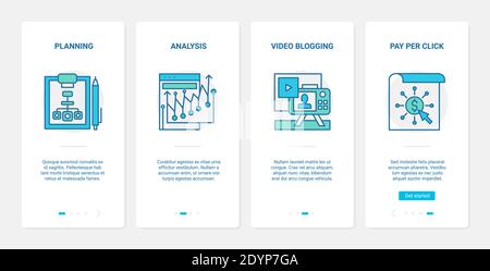 Marketing digitale, pianificazione blog e servizi di analisi illustrazione vettoriale. UX, UI onboarding mobile app page set con line video blogging campagna di analisi, pay per click tecnologia aziendale Illustrazione Vettoriale