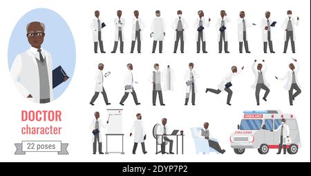 Il medico pone insieme di illustrazione vettoriale. Cartoon anziano uomo medico lavoratore carattere woking in ospedale in diverse posizioni, medico senior, medico personale sanitario posa isolato su bianco Illustrazione Vettoriale