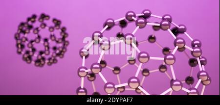 Modelli di molecola di fullerene, allotrope di atomi di carbonio, sfere rotonde con anelli esagonali o mesh, chimica dell'illustrazione molecolare 3D o scientifica Foto Stock