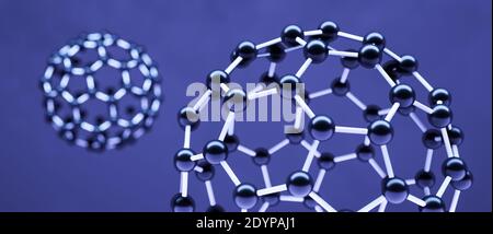 Modelli di molecola di fullerene, allotrope di atomi di carbonio, sfere rotonde con anelli esagonali o mesh, chimica dell'illustrazione molecolare 3D o scientifica Foto Stock