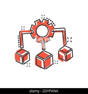 Icona della tecnologia API in stile comico. Illustrazione vettoriale dei cartoni animati dell'algoritmo su sfondo isolato bianco. Ingranaggio con freccia splash effetto concetto di business Illustrazione Vettoriale