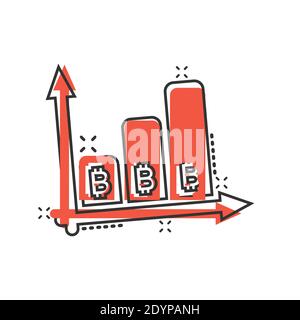 Icona di crescita Bitcoin in stile comico. Illustrazione vettoriale cartoon Blockchain su sfondo isolato bianco. Criptovaluta splash effect concetto di business Illustrazione Vettoriale