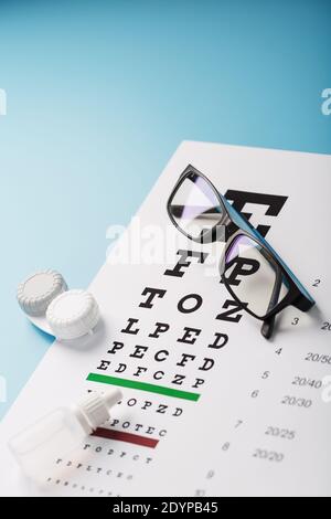 Occhiali con lenti a contatto, gocce e una tabella di prova dell'occhio di Optometrist su uno sfondo blu. La vista dall'alto. Spazio libero Foto Stock