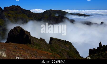 Pico do Areeiro Madeira si innamena tra le nuvole con cielo blu sopra. Foto Stock