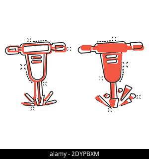 Icona jackhammer in stile comico. Disappannamento dell'illustrazione vettoriale del pacchetto su sfondo isolato bianco. Distruggi il concetto di affari di effetto di spruzzo. Illustrazione Vettoriale