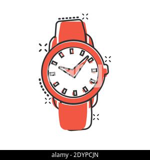 Icona dell'orologio da polso in stile comico. Illustrazione vettoriale cartoon dell'orologio a mano su sfondo isolato bianco. Tempo bracciale splash effetto concetto di business. Illustrazione Vettoriale