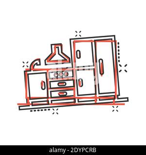 Mobili da cucina icona in stile comico. Illustrazione vettoriale dei fumetti della cucina su sfondo bianco isolato. Cucina camera splash effetto concetto business. Illustrazione Vettoriale