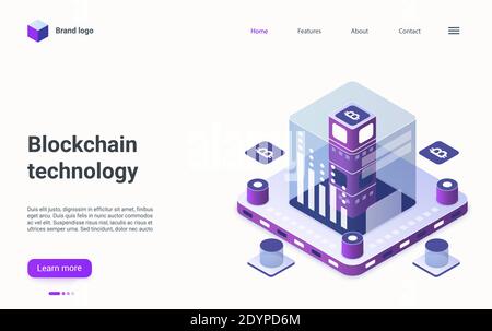 Tecnologia di criptovaluta Blockchain progettazione isometrica della landing page, cartoon 3d bitcoin cripto currency mining, crittografia, denaro digitale e moderna tecnologia di business fintech illustrazione vettoriale Illustrazione Vettoriale