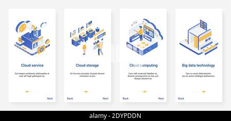 Illustrazione vettoriale della tecnologia di storage dei dati cloud isometrica. UX, UI onboarding mobile app page set con cartoon 3d computing, moderno servizio di database per l'archiviazione, il caricamento di informazioni sui file Illustrazione Vettoriale