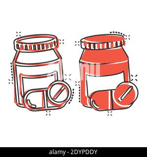 Icona della bottiglia di pillola in stile comico. Farmaci cartoni animati illustrazione vettoriale su sfondo bianco isolato. Farmacia splash effetto concetto di business. Illustrazione Vettoriale