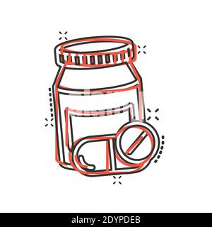 Icona della bottiglia di pillola in stile comico. Farmaci cartoni animati illustrazione vettoriale su sfondo bianco isolato. Farmacia splash effetto concetto di business. Illustrazione Vettoriale