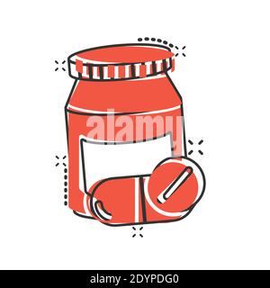 Icona della bottiglia di pillola in stile comico. Farmaci cartoni animati illustrazione vettoriale su sfondo bianco isolato. Farmacia splash effetto concetto di business. Illustrazione Vettoriale
