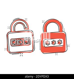 Icona di accesso in stile comico. Illustrazione vettoriale con cartoon di accesso tramite password su sfondo isolato bianco. Concetto di business effetto splash con lucchetto. Illustrazione Vettoriale