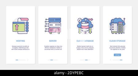 Illustrazione vettoriale della tecnologia di storage Data Cloud. UX, interfaccia utente onboarding mobile app page set con Tech line server database hosting, archiviazione di informazioni file system, Internet computer service Illustrazione Vettoriale