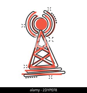 Icona della torre dell'antenna in stile comico. Trasmissione di immagini vettoriali su sfondo isolato bianco. Concetto di business con effetto splash WiFi. Illustrazione Vettoriale