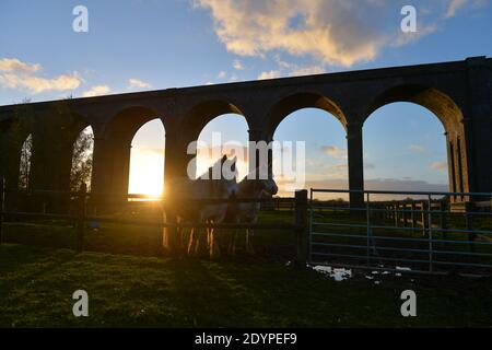 Il sole tramonta dietro il Viadotto di Harringworth, conosciuto anche come Welland Valley Viadotto sul confine del Rutland e Northamptonshire Foto Stock