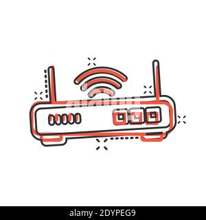 Icona del router WiFi in stile comico. Illustrazione vettoriale a banda larga su sfondo isolato bianco. Connessione Internet splash effetto business concep Illustrazione Vettoriale