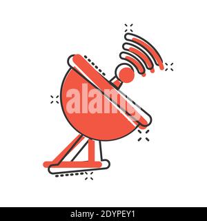 Icona della torre dell'antenna satellitare in stile comico. Trasmissione di immagini vettoriali su sfondo isolato bianco. Radar effetto splash business conce Illustrazione Vettoriale