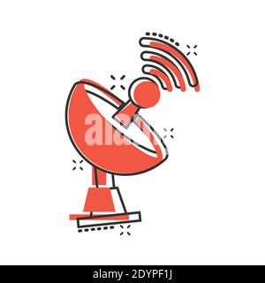 Icona della torre dell'antenna satellitare in stile comico. Trasmissione di immagini vettoriali su sfondo isolato bianco. Radar effetto splash business conce Illustrazione Vettoriale